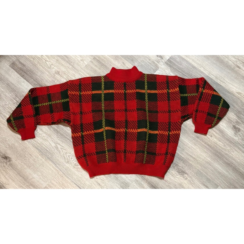 Classic Plaid Mock Neck‎ Sweater Red Green Yellow Women's Size M Acrylic